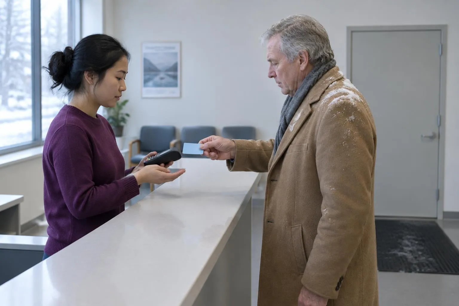 A front-desk coordinator holds a card terminal as a winter-coated patient hands over an insurance card at a clinic counter.